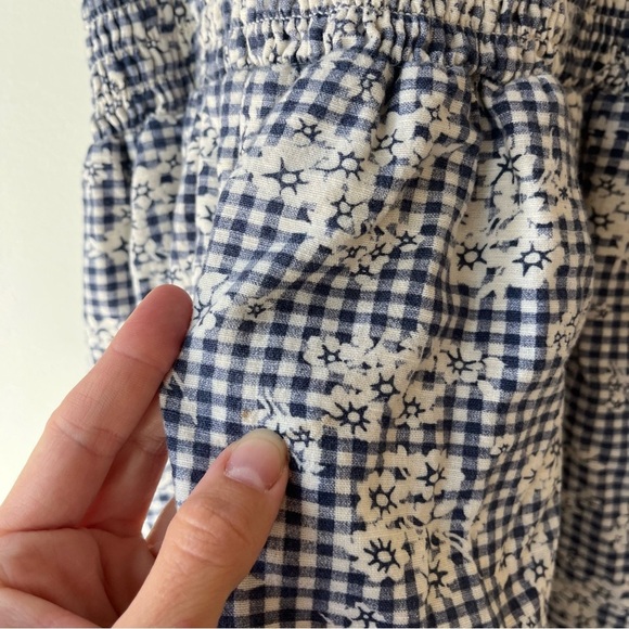 American Eagle Smocked Gingham Floral Sundress Blue White Cotton Linen Blend XL - Picture 6 of 14